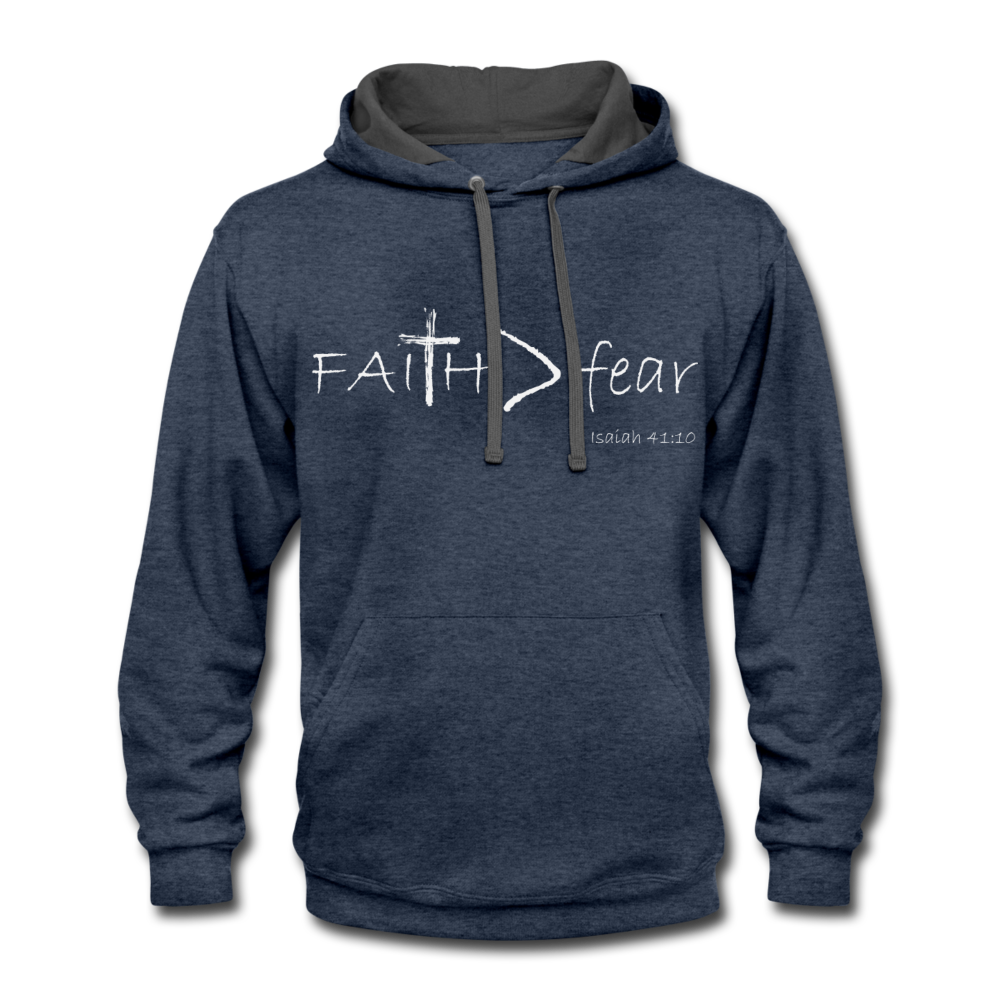 Faith Greater than fear, Contrast Hoodie, unisex, white letters - indigo heather/asphalt