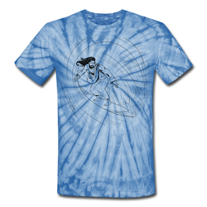 "Surfs Up" Unisex Tie Dye T-Shirt, Black design - spider baby blue