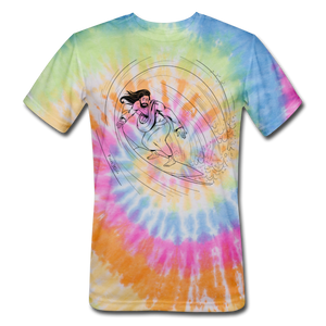 "Surfs Up" Unisex Tie Dye T-Shirt, Black design - rainbow