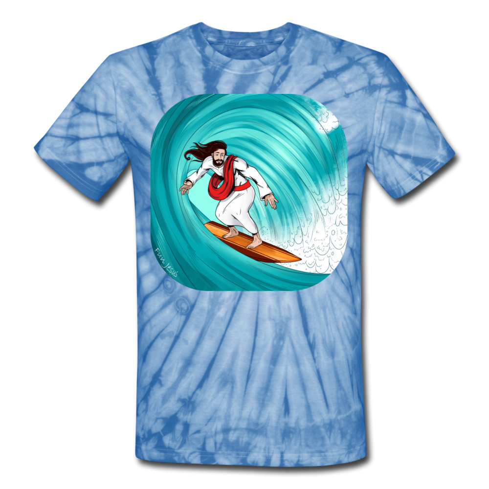 "Surfs Up" Unisex Tie Dye T-Shirt, Full Color - spider baby blue
