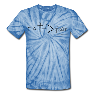 "Faith > fear" Tie Dye T-Shirts, Black Lettering - spider baby blue