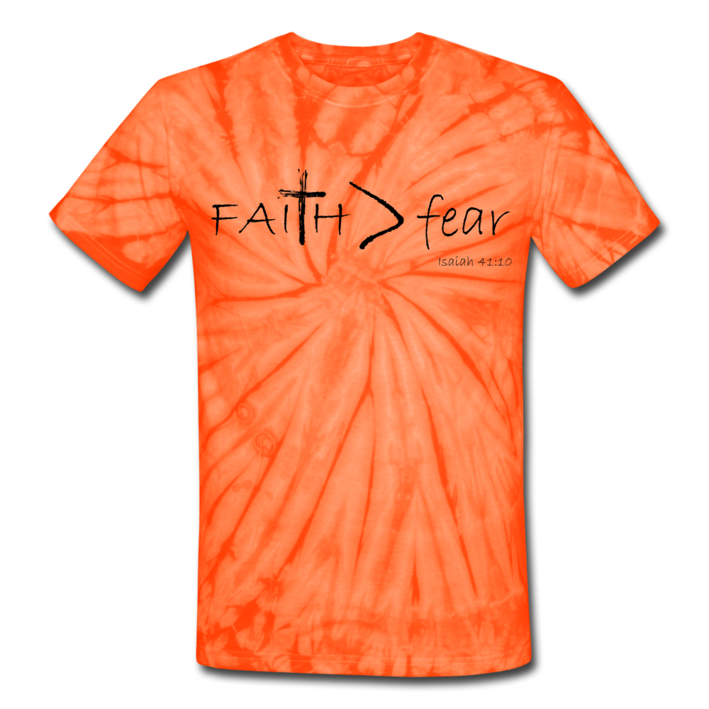 "Faith > fear" Tie Dye T-Shirts, Black Lettering - spider orange