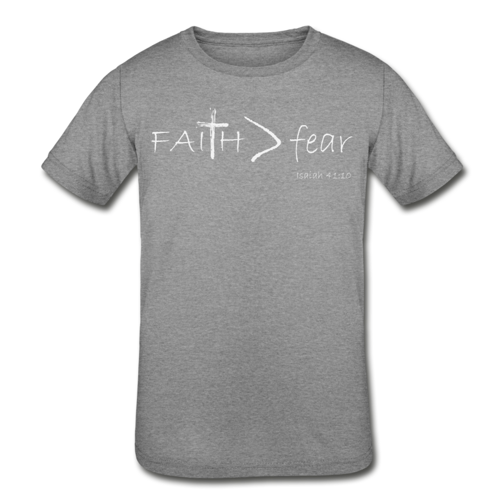 "Faith > fear" T-Shirt, White Lettering - heather gray