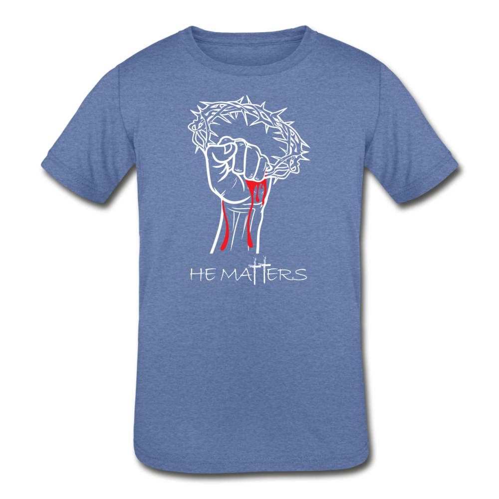 "HE MATTERS"  Kids Signature T-Shirt, White Lettering - heather Blue