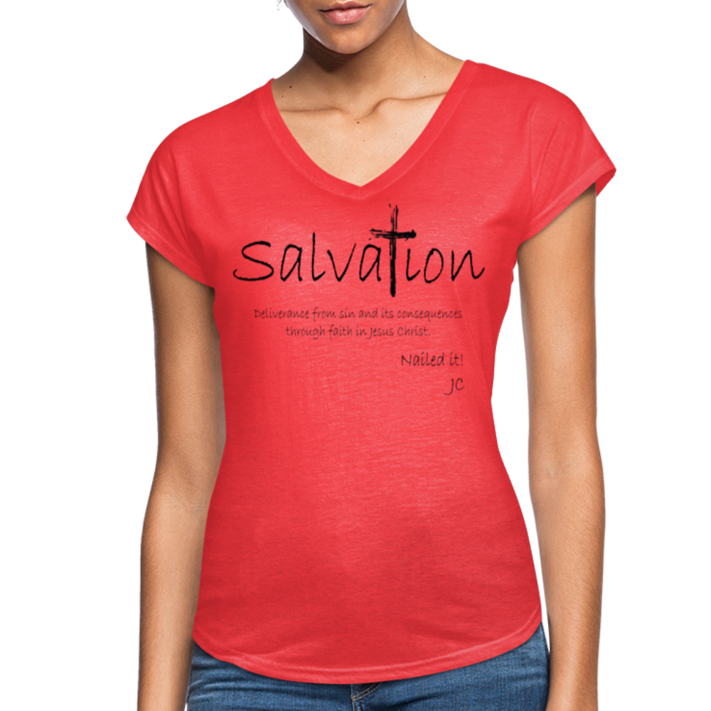 "Salvation", T-Shirt, Womens, Black Lettering - heather red