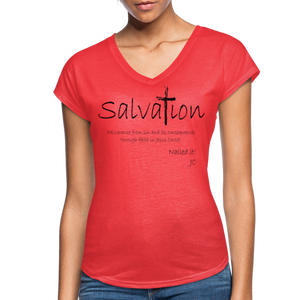 "Salvation", T-Shirt, Womens, Black Lettering - heather red