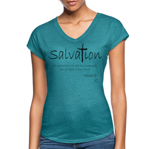 "Salvation", T-Shirt, Womens, Black Lettering - heather turquoise
