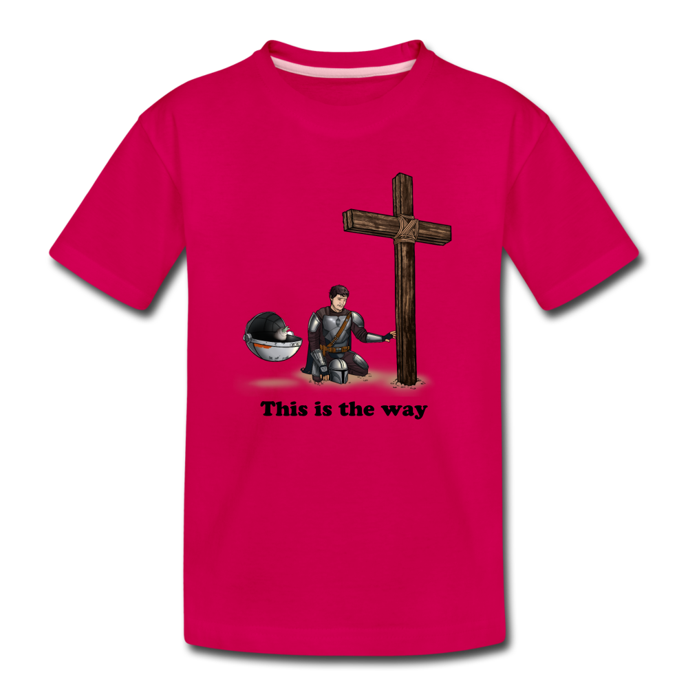 "This is the way", Mando and Grogu on left side of Cross, Kids' Premium T-Shirt - dark pink