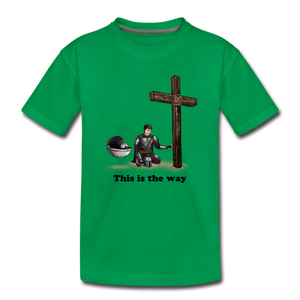 "This is the way", Mando and Grogu on left side of Cross, Kids' Premium T-Shirt - kelly green