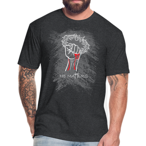 our signature "He Matters" Christian apparel for men, women, and kids.  Displays Jesus's bloody fist holding a crown of thorns with the  "He Matters" title below.  