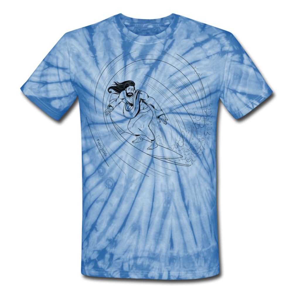 "Surfs Up" Unisex Tie Dye T-Shirt, Black design - spider baby blue