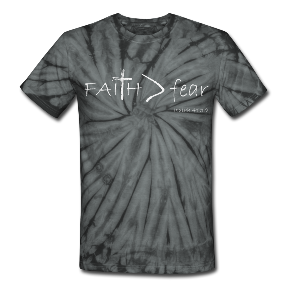"Faith > fear",Tie Dye T-Shirt, white letter - spider black