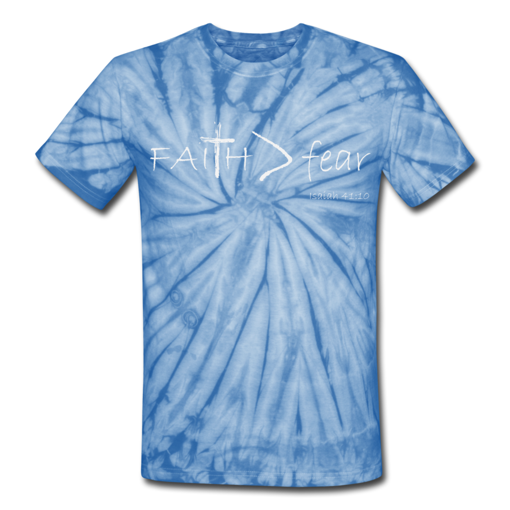 "Faith > fear",Tie Dye T-Shirt, white letter - spider baby blue