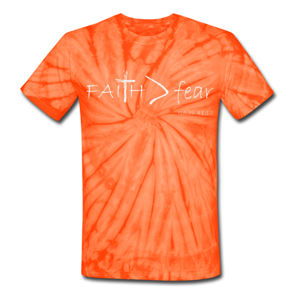 "Faith > fear",Tie Dye T-Shirt, white letter - spider orange