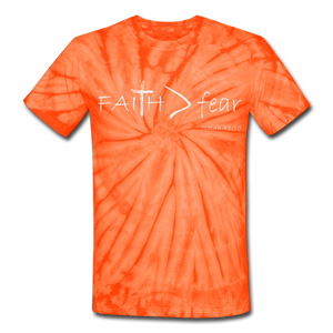 "Faith > fear",Tie Dye T-Shirt, white letter - spider orange