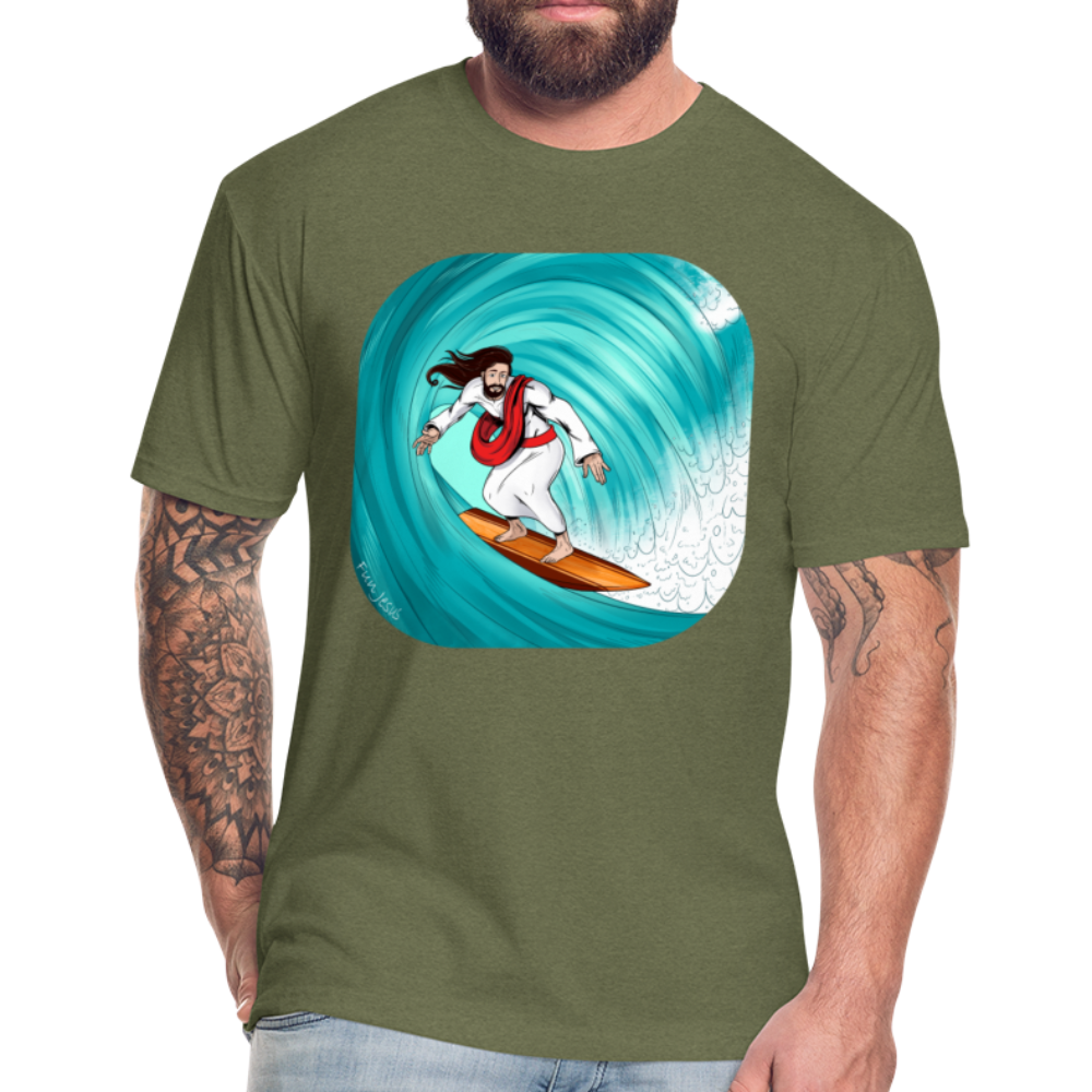 Surfs Up!!  Fun Jesus T-Shirt,  Full Color, Mens - heather military green