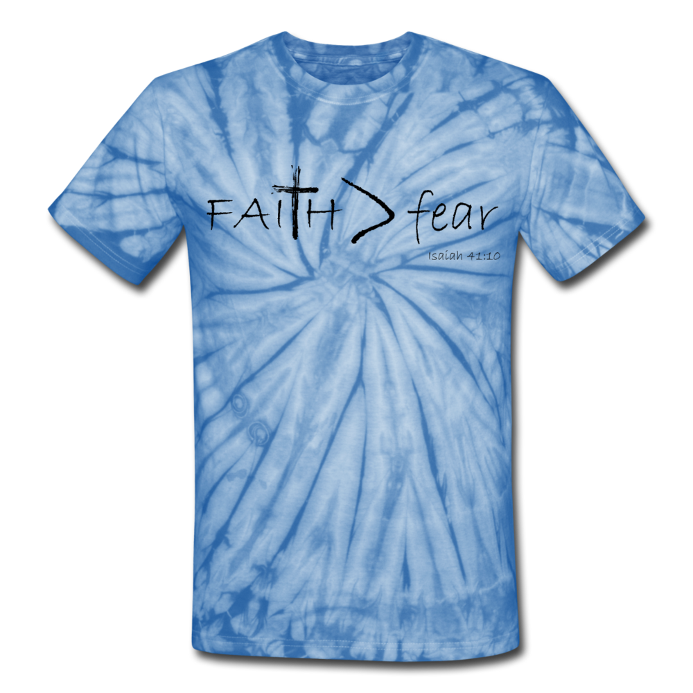 "Faith > fear" Tie Dye T-Shirts, Black Lettering - spider baby blue