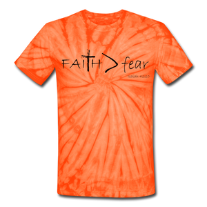 "Faith > fear" Tie Dye T-Shirts, Black Lettering - spider orange
