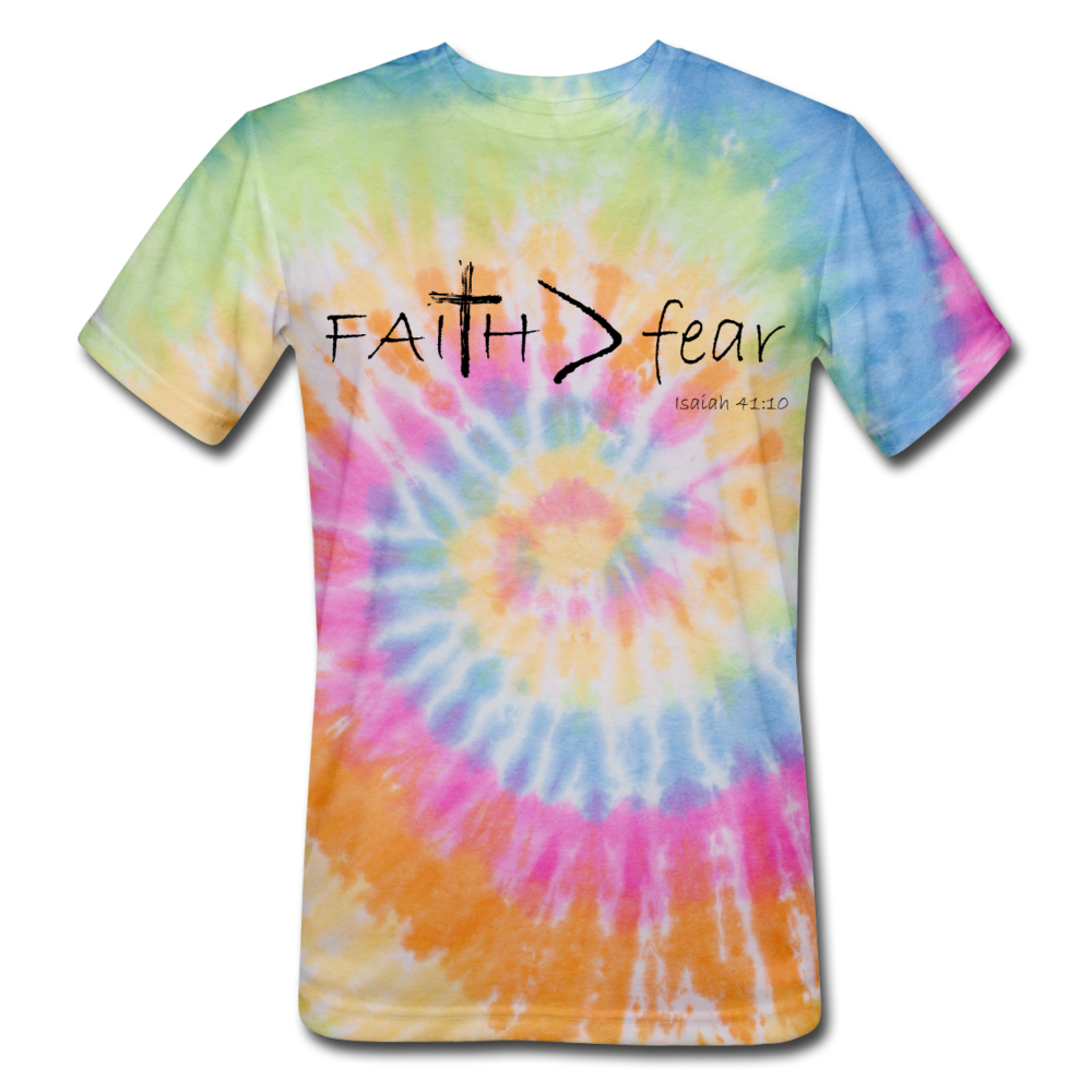 "Faith > fear" Tie Dye T-Shirts, Black Lettering - rainbow
