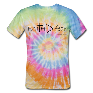 "Faith > fear" Tie Dye T-Shirts, Black Lettering - rainbow