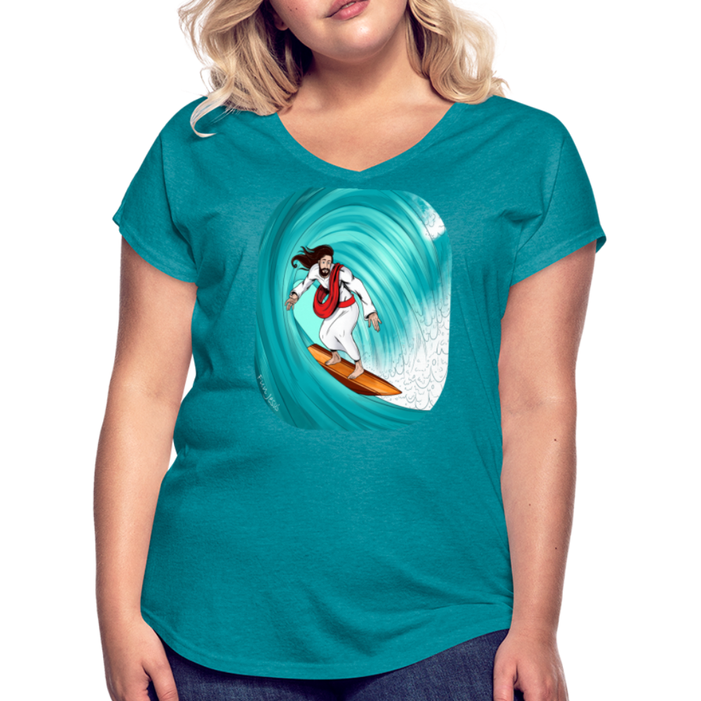 Surfs Up!!  Fun Jesus Womans T-Shirt Full Color - heather turquoise