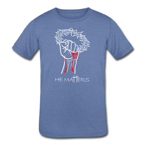 "HE MATTERS"  Kids Signature T-Shirt, White Lettering - heather Blue