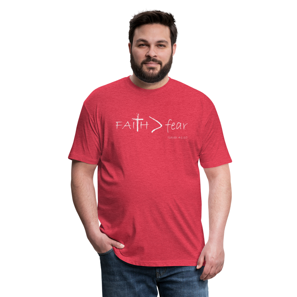 "Faith > fear" T-Shirt, White Letter, Mens - heather red
