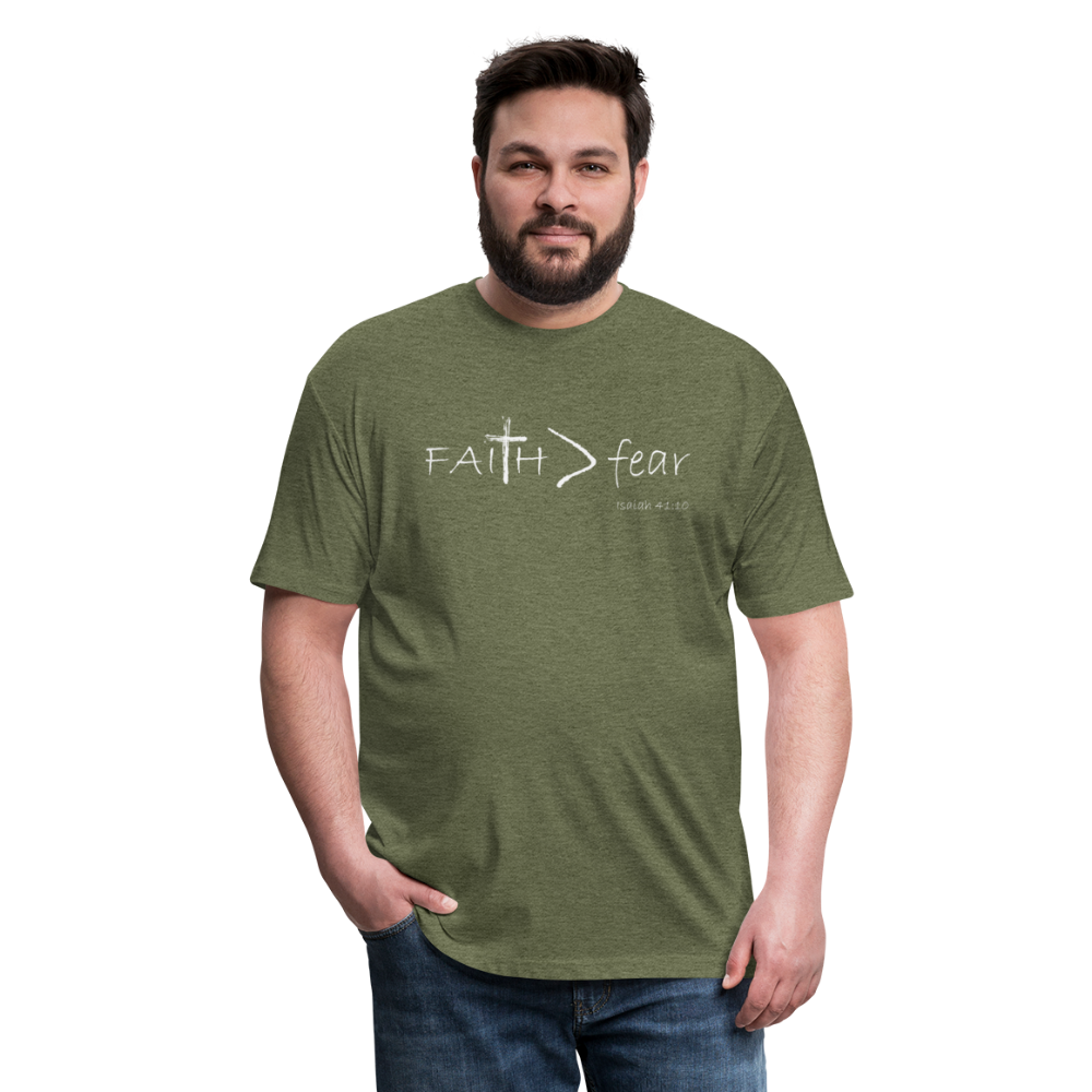 "Faith > fear" T-Shirt, White Letter, Mens - heather military green