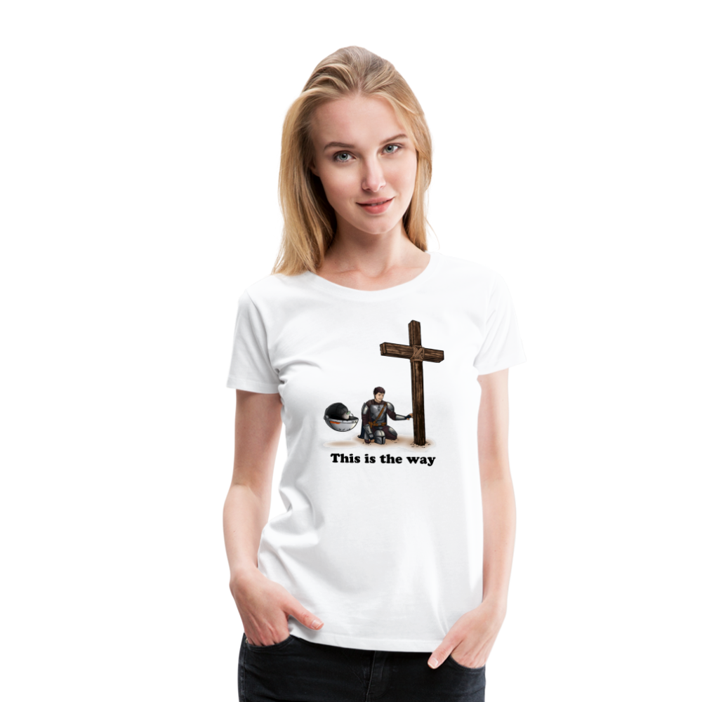 "This is the way", Mando and Grogu on left side of Cross, Women’s Premium T-Shirt - white
