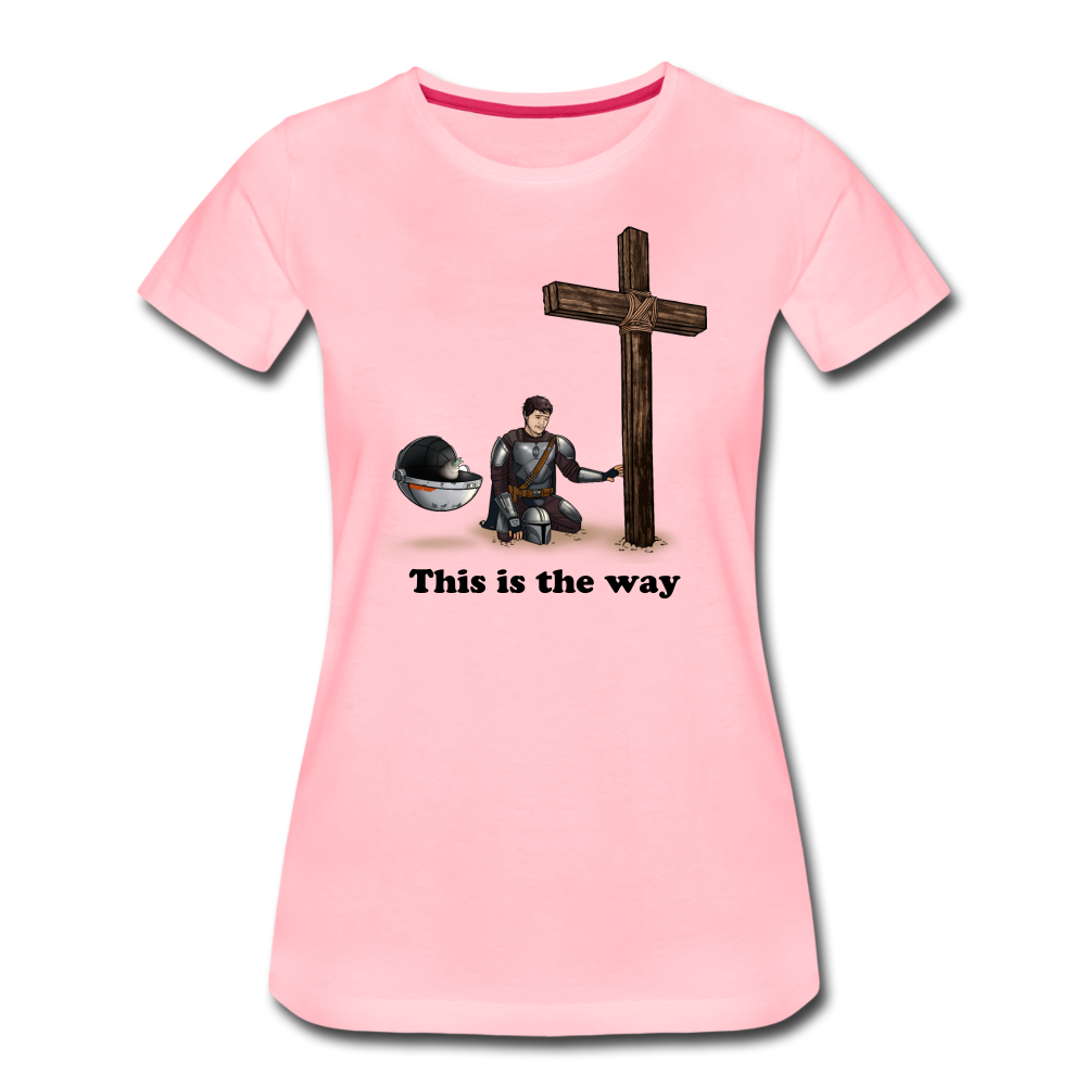 "This is the way", Mando and Grogu on left side of Cross, Women’s Premium T-Shirt - pink