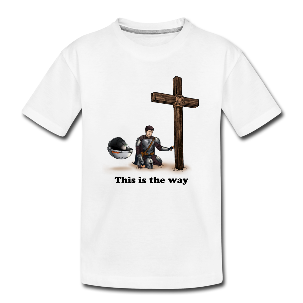 "This is the way", Mando and Grogu on left side of Cross, Kids' Premium T-Shirt - white
