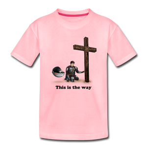 "This is the way", Mando and Grogu on left side of Cross, Kids' Premium T-Shirt - pink