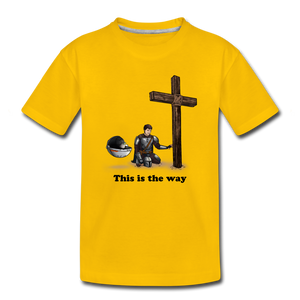 "This is the way", Mando and Grogu on left side of Cross, Kids' Premium T-Shirt - sun yellow